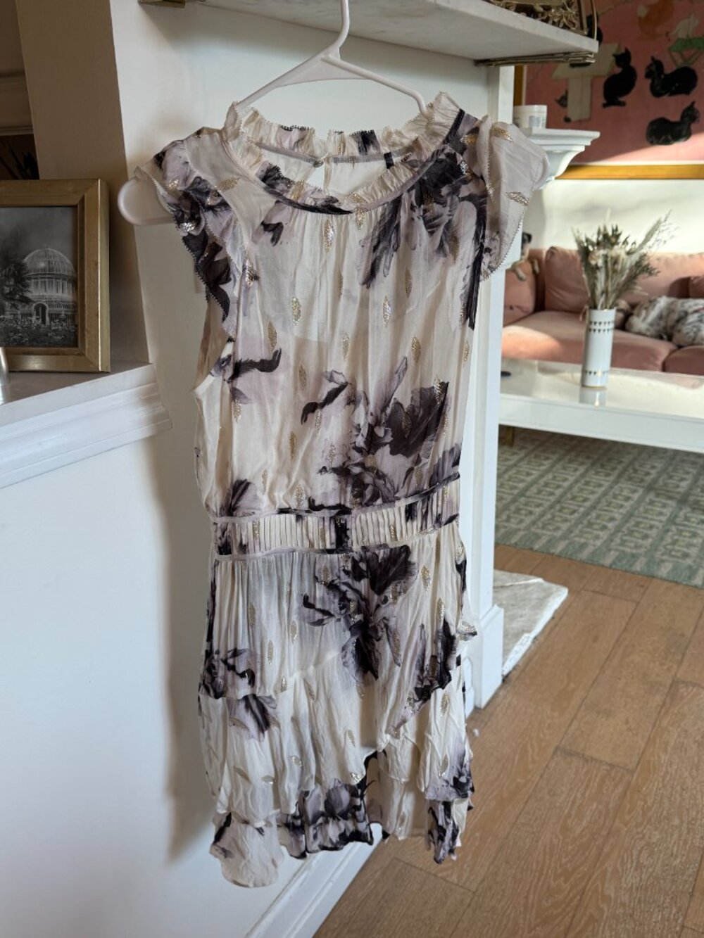 AllSaints Caylan Floral Print  White w/Gold Metallic and black detailing - SZ 4